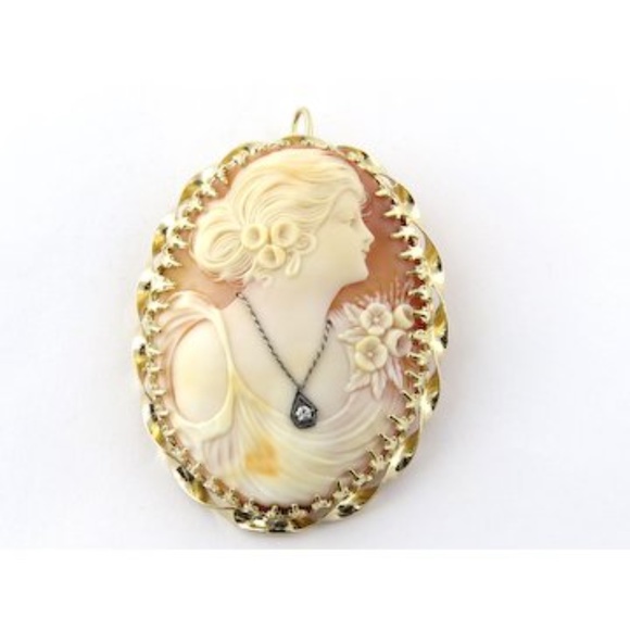 Vintage Gibson Girl Cameo with Diamond Necklace 14K Yellow Gold Pin Pendant #396 - Picture 8 of 8
